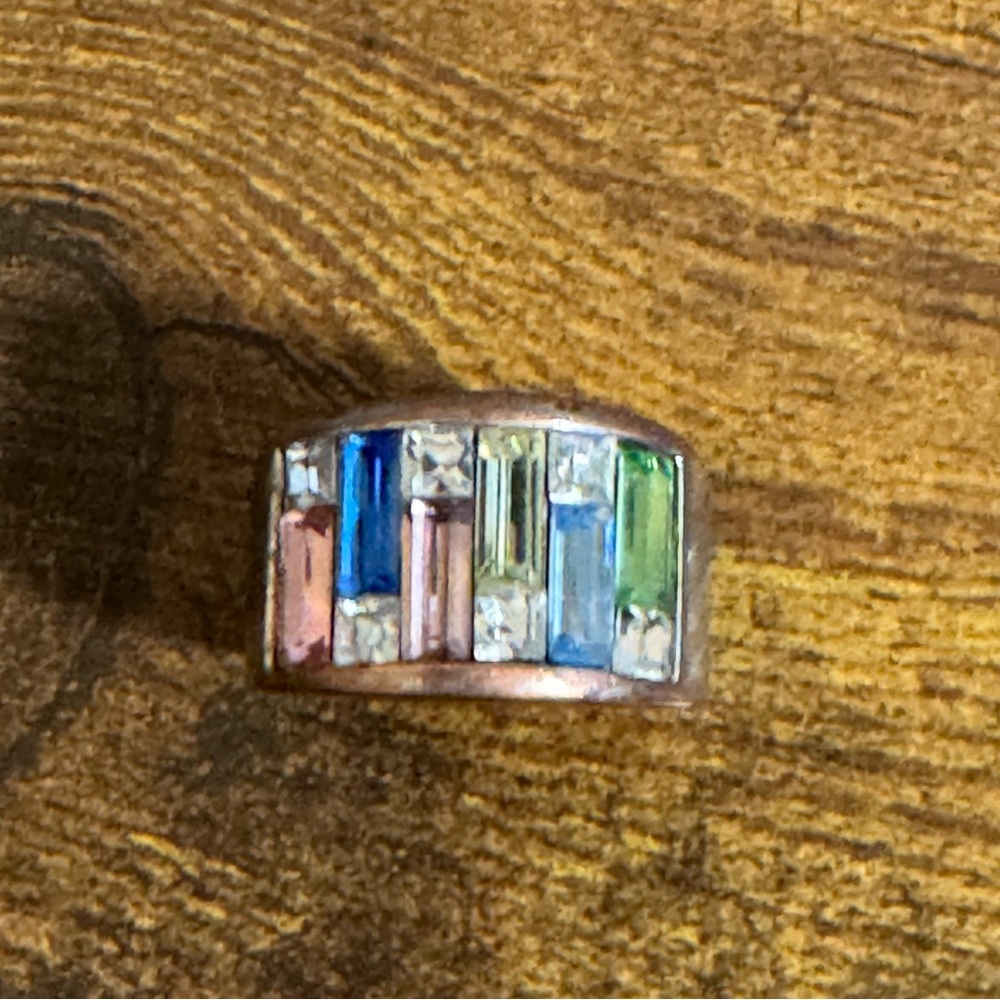 Multicolor Baguette Rhinestone‎ Wide Band Ring Silver Tone Size 5